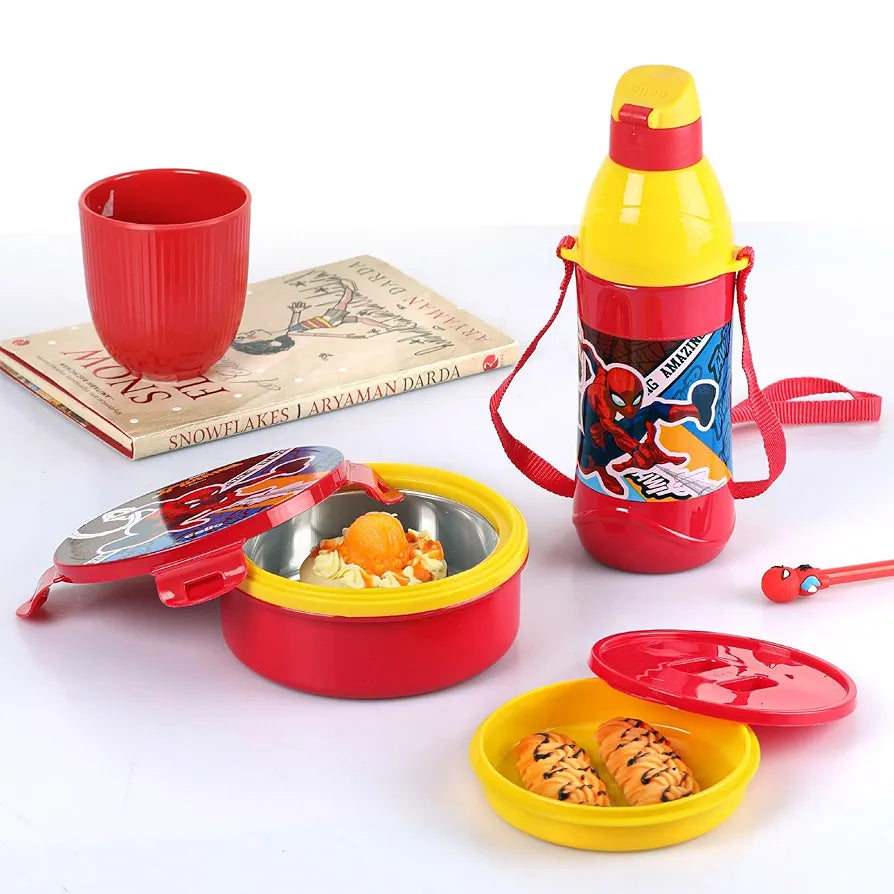 CELLO Tiffy Spiderman Gift Set Insulated Lunch Box & Water Bottle for Kids | Tiffin Box 460 ml, Water Bottle 400 ml, Red & Yellow | Leak Proof | Easy to Clean | Ideal for School, Picnic
